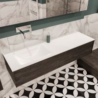 Mondiaz Lush Cloud badmeubel eiken donker bruin 150 cm 1 lade solid surface enkele spoelbak links zonder kraangat