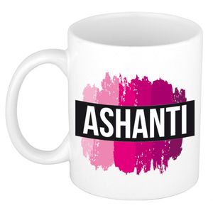 Naam cadeau mok / beker Ashanti met roze verfstrepen 300 ml