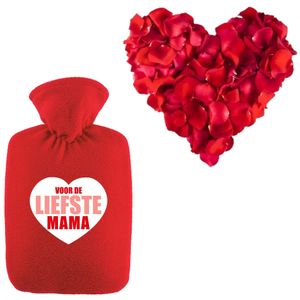 Liefste mama warmwaterkruik rood 2 liter fleece hoes en rozenblaadjes