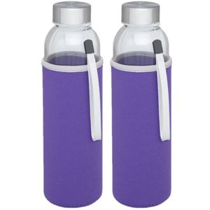 2x stuks glazen waterfles/drinkfles met paarse softshell bescherm hoes 500 ml