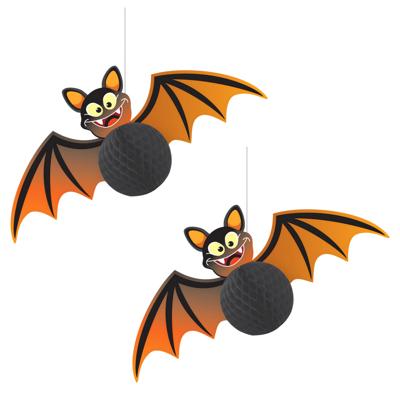 Hangdecoratie Vleermuis - 2x - 30 cm - zwart/oranje - papier - halloween - feest Hangdecoratie Vleermuis - 2x - 30 cm - zwart/oranje - papier - halloween - feest