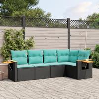 5-delige Loungeset met kussens poly rattan zwart