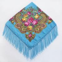 Peacock Blue etnische stijl retro kwast vierkante sjaal bloem patroon hoofddoek sjaal grootte: 90 x 90cm