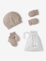 Babypakje muts, wanten en sloffen en zijn personaliseerbare zak. gemêleerd beige