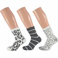 3-Pak dames fluffy bedsokken/huissokken animal/stripe maat 36-41