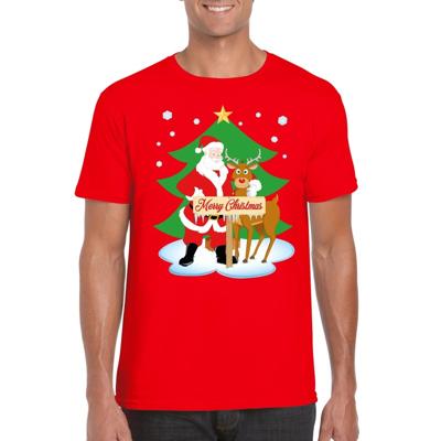 Foute Kersttrui t-shirt - kerstman en rendier Rudolf - rood - voor heren Foute Kersttrui t-shirt - kerstman en rendier Rudolf - rood - voor heren