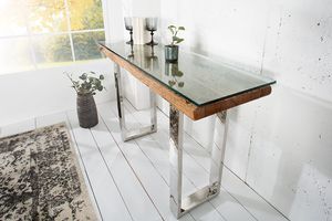 Massieve console BARRACUDA 120cm teak met stalen sledepoten inclusief glazen blad - 36649