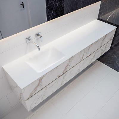 Mondiaz Vica Cloud badmeubel wit carrara mat 200 cm 4 lades solid surface enkele spoelbak links zonder kraangat