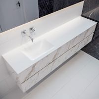 Mondiaz Vica Cloud badmeubel wit carrara mat 200 cm 4 lades solid surface enkele spoelbak links zonder kraangat Mondiaz Vica Cloud badmeubel wit carrara mat 200 cm 4 lades solid surface enkele spoelbak links zonder kraangat