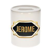 Spaarpot met voornaam Jerome - wit - goud/zwart embleem - 8 x 9 cm - keramiek - afsluitdop
