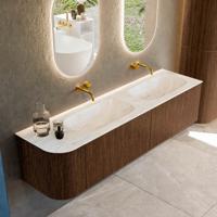 Badmeubel Mondiaz Kurve-Dlux | 175 cm | Meubelkleur Walnut | Wastafelkleur Ostra | Solid surface | Dubbele spoelbak | Zonder kraangat(en)