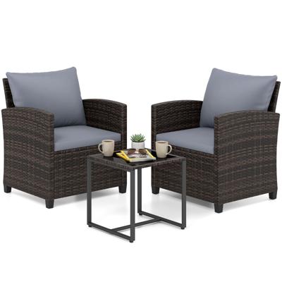 3-Delige Tuinmeubelset 2 Gestoffeerde Fauteuils met een Salontafel van Gehard Glas(Bruin Rietwerk)-Grijs