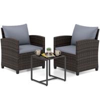 3-Delige Tuinmeubelset 2 Gestoffeerde Fauteuils met een Salontafel van Gehard Glas(Bruin Rietwerk)-Grijs