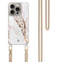 iPhone 15 Pro hoesje met beige koord - Marmer goud iPhone 15 Pro hoesje met beige koord - Marmer goud