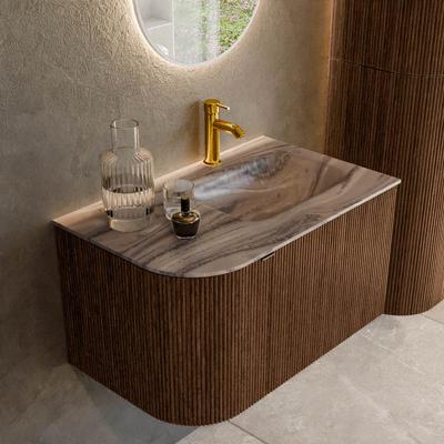 Badmeubel Mondiaz Kurve-Dlux | 75 cm | Meubelkleur Walnut | Wastafelkleur Sombra | Solid surface | Wasbak rechter zijde spoelbak | 1 kraangat