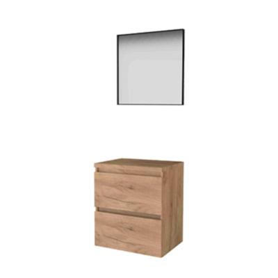 Basic-Line Framed 46 Badkamermeubelset - 60 x 46 cm - Greeploos - 2 Lades - Wastafelblad - Spiegel met Zwart Aluminium Frame - Whisky Oak