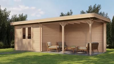 Lugarde Select Blokhut met overkapping Zandvoort 300x250cm + 400cm - Onbehandeld- Plat dak- - Lugarde Select