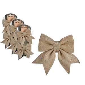 6x stuks kerstboomversieringen kleine ornament strikjes/strikken champagne glitters 14 x 12 cm