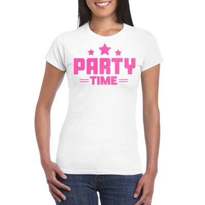 Verkleed T-shirt voor dames - party time - wit - roze glitters - carnaval/themafeest Verkleed T-shirt voor dames - party time - wit - roze glitters - carnaval/themafeest