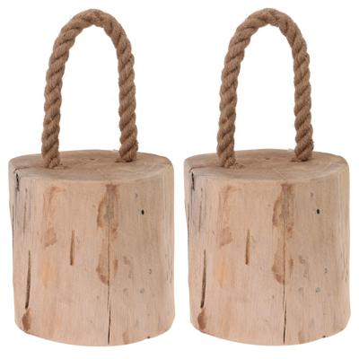 Deurstopper Boomstam - 2x - teak hout - met draagtouw - 14 cm - natuurlijk wonen