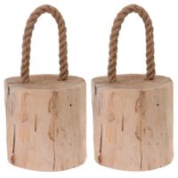 Deurstopper Boomstam - 2x - teak hout - met draagtouw - 14 cm - natuurlijk wonen