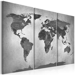 Schilderij - Wereldkaart , Grijze wereld op beton II , 3 luik ,Betonlook
