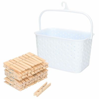 Wasknijpers mandje met ophanghaak - wit - gevuld met 100x houten wasknijpers van 7 cm