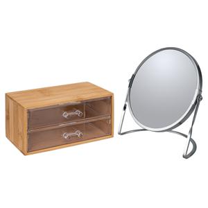 Make-up organizer en spiegel set - 2 lades - bamboe/kunststof - 5x zoom spiegel