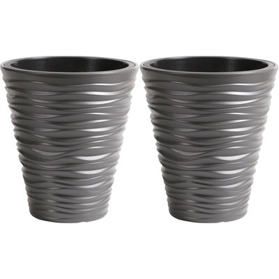 Plantenpot/bloempot Sand Dunes - 2x - buiten/binnen - kunststof - steengrijs - D35 x H38 cm