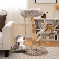 90 cm Krabpaal Houten Krabpaal met 3 Pluche Zitjes Touw & Krabpaal van jute Kattentoren Massief Hout Bruin+Natuurlijk