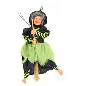 Creation decoratie heksen pop - vliegend op bezem - 40 cm - zwart/groen - Halloween versiering - Halloween poppen