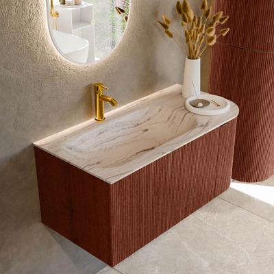 Badmeubel Mondiaz Kurve-Dlux | 95 cm | Meubelkleur Ruby | Wastafelkleur Nata | Solid surface | Wasbak linker zijde spoelbak | 1 kraangat