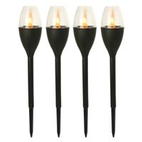 Gerimport Tuinlamp - 4x - solar - LED licht - kunststof - H37 cm - zwart - grondpin - vlam effect