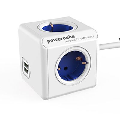 Allocacoc 1402BL/DEEUPC Stekkerdoos | PowerCube Extended | 2x USB-A poorten | 4 Sockets | Wit/Blauw| 1,5 meter