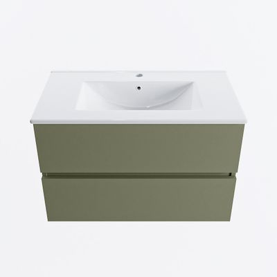 MONDIAZ VICA 80cm badmeubel onderkast Army 2 lades. Wastafel DENIA midden 1 kraangat, kleur Glanzend Wit.