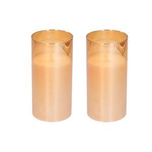 LED kaars/stompkaars in gouden glas 15 cm flakkerend 2 stuks