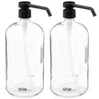 5Five Zeeppompje/dispenser - 2x - glas - transparant - 1 liter - navulbaar - toilet/badkamer/keuken
