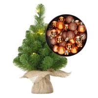 Mini kunst kerstboom - H45 cm - met verlichting en kerstballen - koper - kunstboom