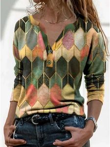 JFN Women V Neck Geometric Buttoned Casual Long Sleeve Shirt Top