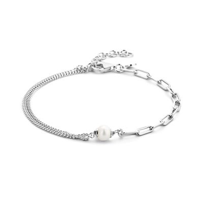 Armband Gourmet-Paperclip zilver-zoetwaterparel wit 16-19 cm Armband Gourmet-Paperclip zilver-zoetwaterparel wit 16-19 cm