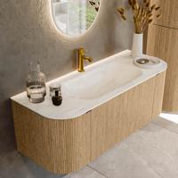 Badmeubel Mondiaz Kurve-Dlux | 120 cm | Meubelkleur Oak | Wastafelkleur Ostra | Solid surface | Midden spoelbak | 1 kraangat