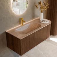 Badmeubel Mondiaz Kurve-Dlux | 115 cm | Meubelkleur Walnut | Wastafelkleur Saba | Solid surface | Wasbak linker zijde spoelbak | 1 kraangat