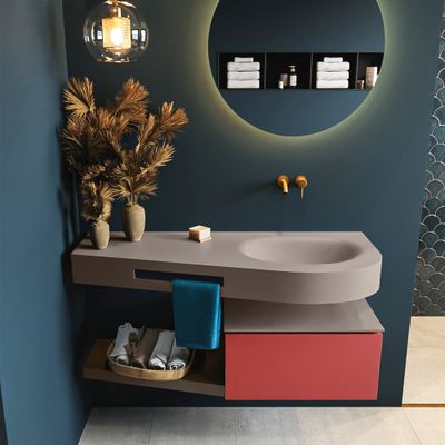 MONDIAZ RIVA 120cm badmeubel onderkast / planchet kleur Fire met 1 lade. Wastafel DULCET rechts 0 kraangaten kleur Smoke. MONDIAZ RIVA 120cm badmeubel onderkast / planchet kleur Fire met 1 lade. Wastafel DULCET rechts 0 kraangaten kleur Smoke.