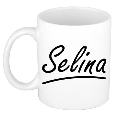 Selina Naam koffiemok - beker - met sierlijke letters - wit - 300 ml - Cadeau - Dames