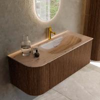 Badmeubel Mondiaz Kurve-Dlux | 115 cm | Meubelkleur Walnut | Wastafelkleur Arena | Solid surface | Wasbak rechter zijde spoelbak | 1 kraangat