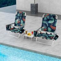 Set van 1 Tafel en 2 Strandstoelen Ligstoelen voor Buiten met Oprolbare Campingtafel 5-Standen Klapstoelen en Aluminium Tafel -Donkerblauw