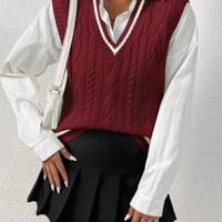 Bon&Bon Cable Knit Sweater Vest - V-Neck Striped Trim Casual Black Top Burgundy / L