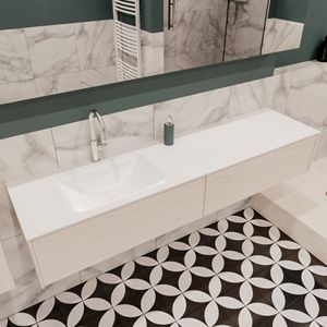 Mondiaz Lush Cloud badmeubel underlayment 180 cm 2 lades solid surface enkele spoelbak links 1 kraangat