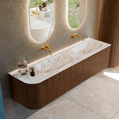 Badmeubel Mondiaz Kurve-Dlux | 175 cm | Meubelkleur Walnut | Wastafelkleur Glace | Solid surface | Dubbele spoelbak | Zonder kraangat(en)