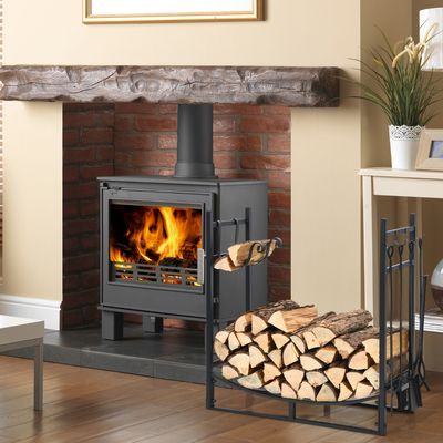Haardhoutrek met 4-Delige Haardbestek-set Brandhoutrek Metaal Haardhoutrek Haardaccessoires Zwart (76 x 33 x 76 cm)